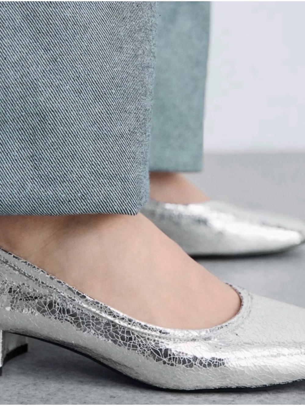 Mango Metallic Silver Cracked Low Block Heel Pumps - NEW!